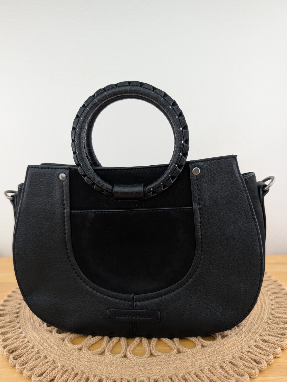 Lucky Brand Leta Black Leather Suede Crossbody Bag Woven HandlesStud Detail